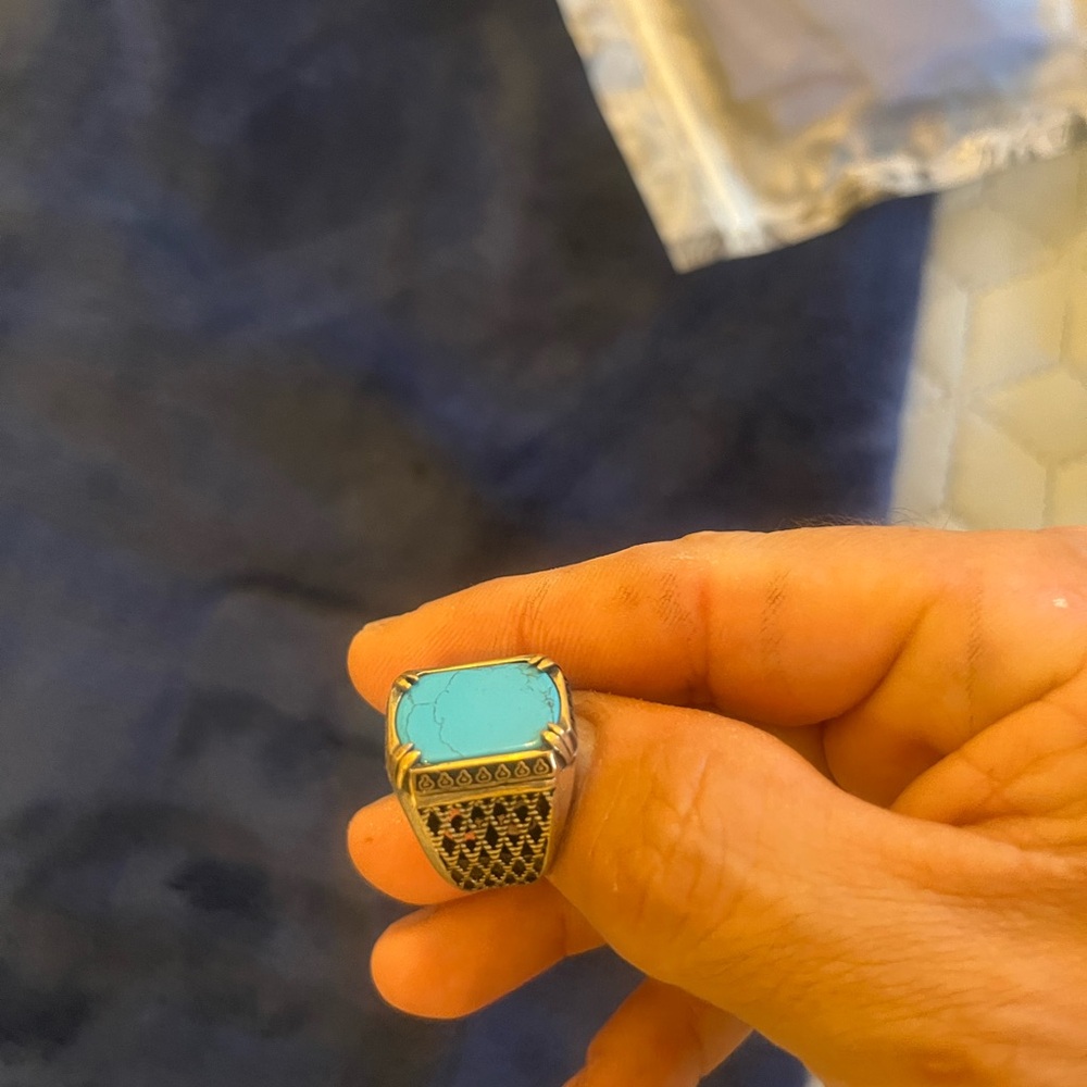 Turquoise Stone Men's Silver Ring - Blue Accent - Picture 5 of 9